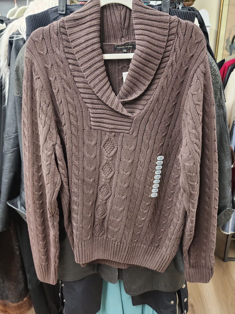 JEANNE PIERRE Chocolate Brown Cable Knit V-Neck Sweater